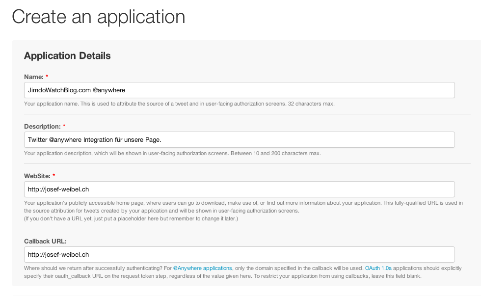 Formular für neue Twitter Applikation